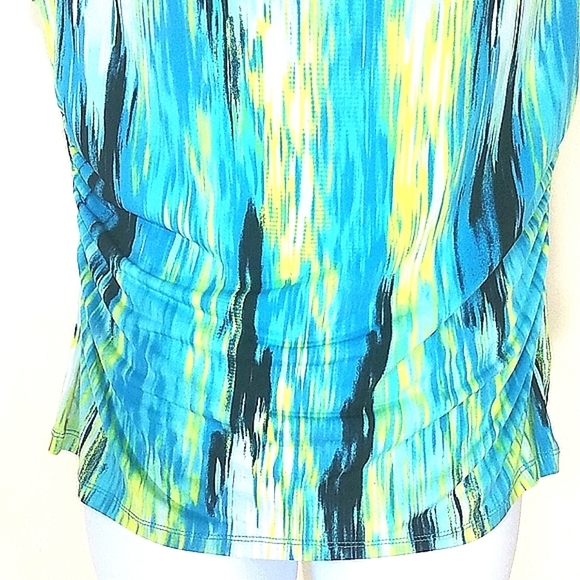 Tank top cowl neck stretch gathered sides blue yellow black abstract print EUC - Picture 4 of 9